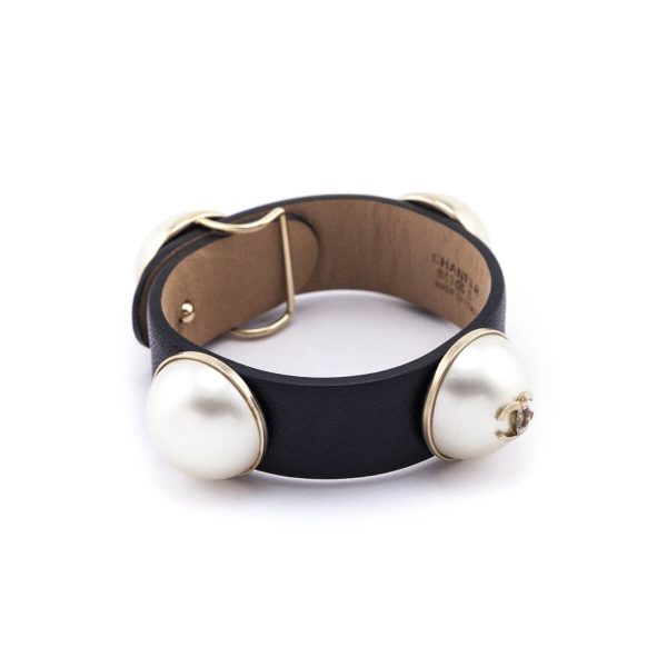 Chanel Faux Pearl & Black Leather Wrap Bracelet Supply