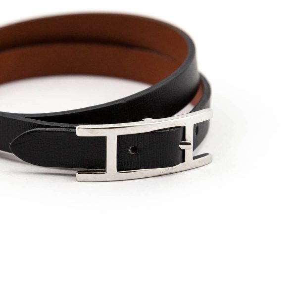 Hermes Black & Brown Chamonix & Tadelakt Calfskin Reversible Behapi Double Tour Bracelet Size M Online