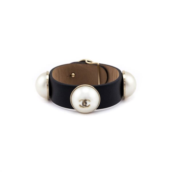 Chanel Faux Pearl & Black Leather Wrap Bracelet Supply