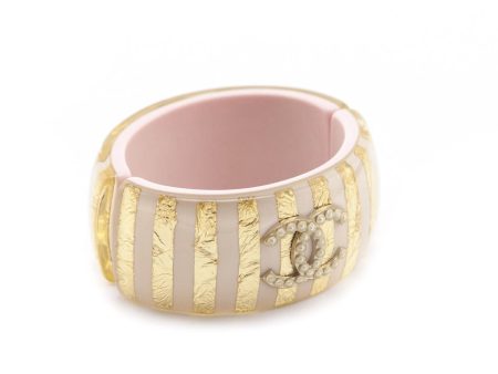 Chanel Pink & Gold Striped Resin & Faux Pearl CC Hinged Bracelet Hot on Sale