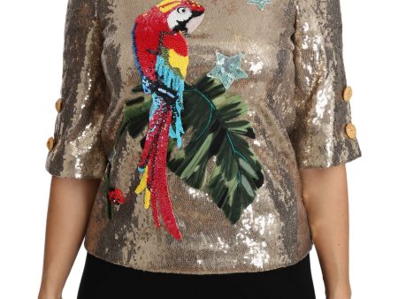 Dolce & Gabbana Gold Parrot Motif Crewneck Blouse with Women s Crystals Discount