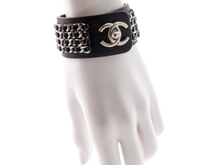 Chanel Black Leather Chain Turnlock CC Bracelet Cheap