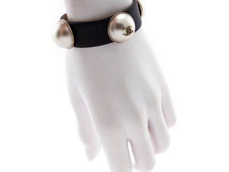 Chanel Faux Pearl & Black Leather Wrap Bracelet Supply