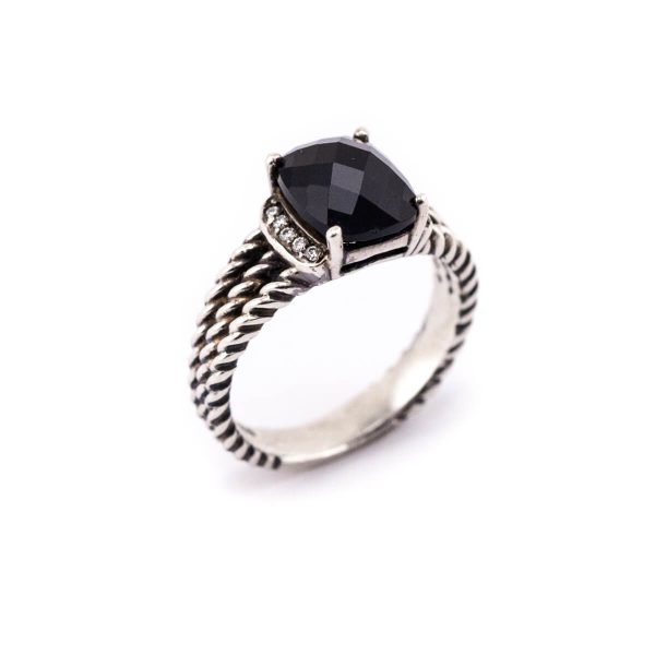 David Yurman Onyx and Diamond Silver Petite Wheaton Ring Size 7.75 Online now