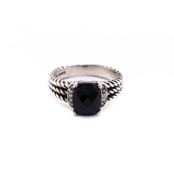 David Yurman Onyx and Diamond Silver Petite Wheaton Ring Size 7.75 Online now