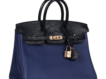 Hermes Birkin 25 Bleu Saphir Taurillion Novillo and Bleu Marine Matte Alligator Touch Rose Gold Hardware on Sale