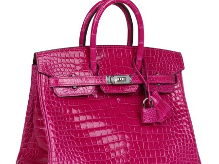 Hermes Birkin 25 Rose Sheherazade Shiny Porosus Crocodile Palladium Hardware For Sale