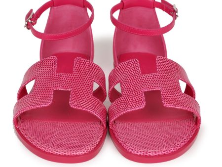 Hermes Santorini Sandals Rose Flash Lizard Palladium Hardware 37 Discount