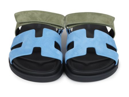 Hermes Chypre Techno Sandal Bleu Cameo Vert Suede Palladium Hardware 37.5 EU Online