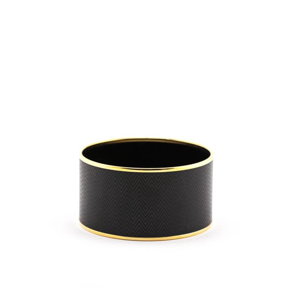 Hermes Black Enamel & Gold Plated Extra Wide Chevron Bangle Size L Online Sale