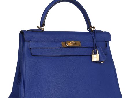 Pre-owned Hermes Kelly Retourne 32 Bleu Electric Togo Gold Hardware Fashion