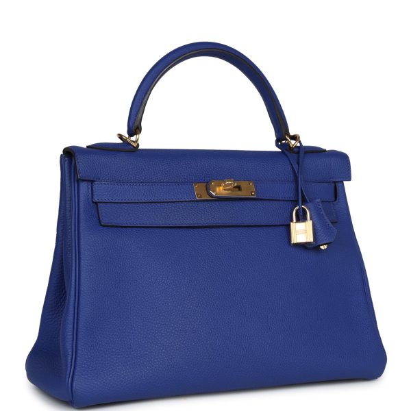 Pre-owned Hermes Kelly Retourne 32 Bleu Electric Togo Gold Hardware Fashion