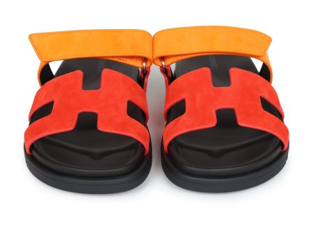 Hermes Chypre Techno Sandal Sunset & Rouge Ecarlate Suede Palladium Hardware 37.5 EU Cheap