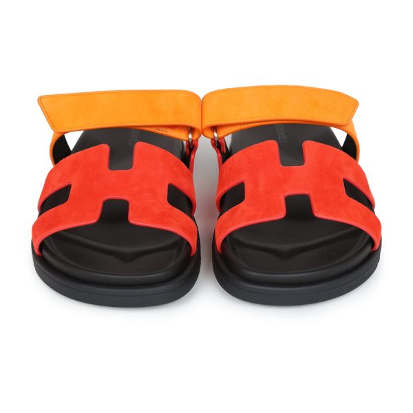 Hermes Chypre Techno Sandal Sunset & Rouge Ecarlate Suede Palladium Hardware 37.5 EU Cheap