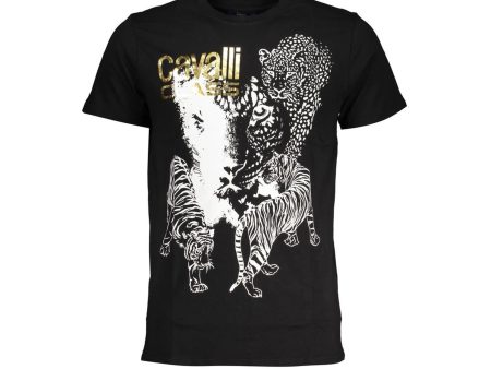 Cavalli Class  Men s Black T-Shirt with Leopard and Tiger Graphic Print Sale