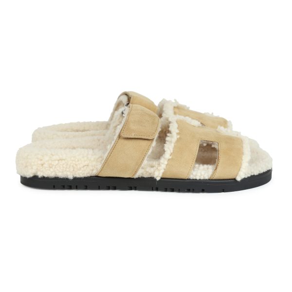 Hermes Chypre Techno Sandal Beige Albatre Ecru Shearling and Suede Palladium Hardware 36 EU Online Sale