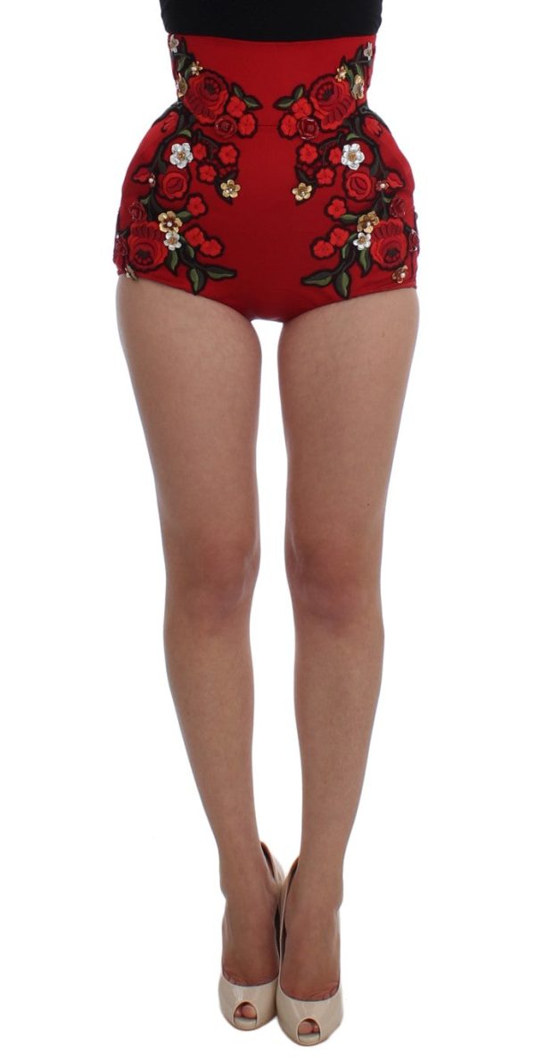 Dolce & Gabbana Glamorous Red Silk Floral Embroidered Women s Shorts Fashion