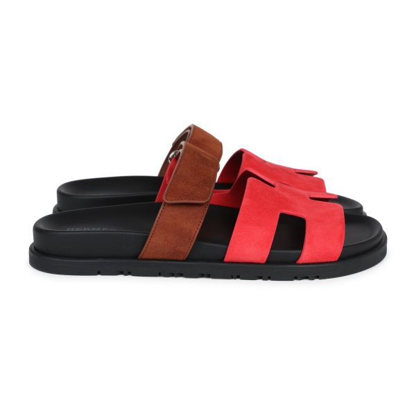 Hermes Chypre Techno Sandal Rouge Cinetique & Gold Suede Palladium Hardware 38.5 EU Cheap