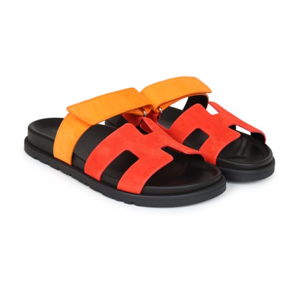 Hermes Chypre Techno Sandal Sunset & Rouge Ecarlate Suede Palladium Hardware 37.5 EU Cheap