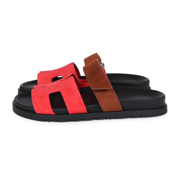 Hermes Chypre Techno Sandal Rouge Cinetique & Gold Suede Palladium Hardware 38.5 EU Cheap