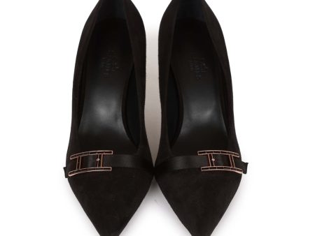 Hermes Blush Pump Black Suede Rose Gold Hardware 38 Sale