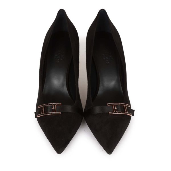 Hermes Blush Pump Black Suede Rose Gold Hardware 38 Sale