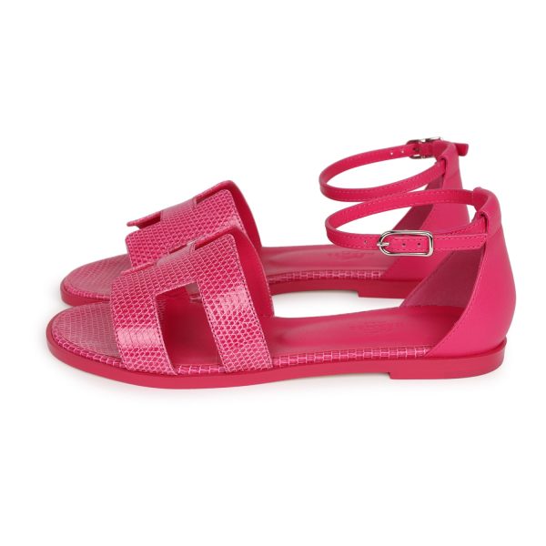 Hermes Santorini Sandals Rose Flash Lizard Palladium Hardware 36 Online now