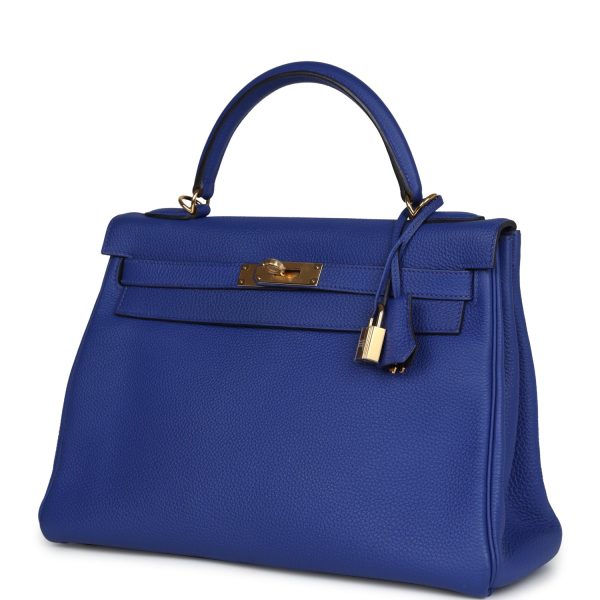 Pre-owned Hermes Kelly Retourne 32 Bleu Electric Togo Gold Hardware Fashion