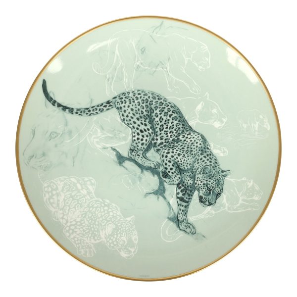 Hermes Carnets D’ Equateur Dessert Plate Green Blue White 24K Gold & Porcelain Cheap